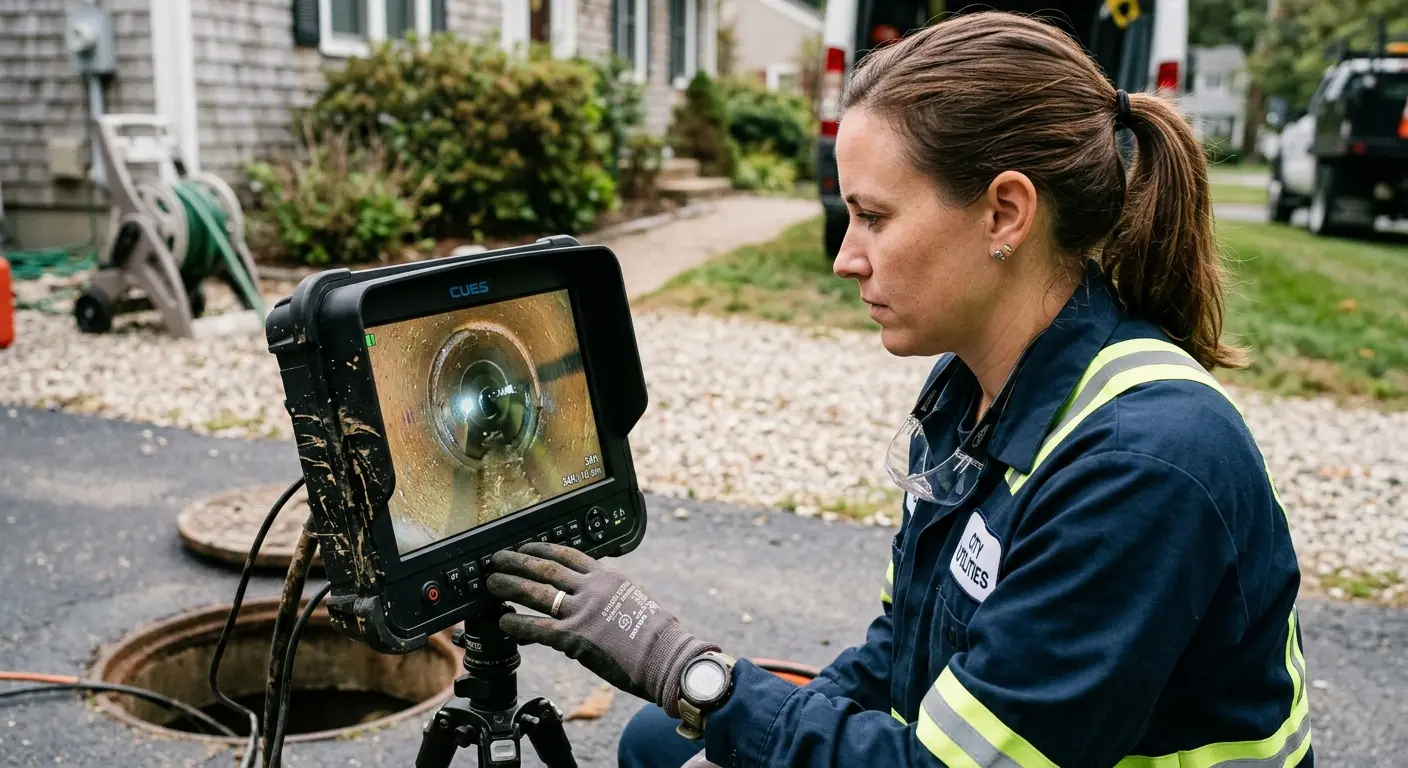 Technician reviewing sewer camera inspection footage in Dover