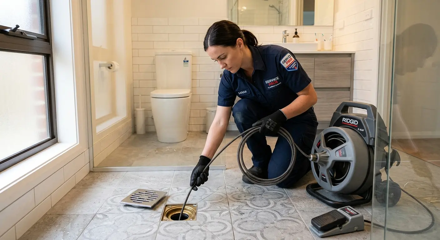 Technician clearing a bathroom floor drain for Hydro Jetting in Dover